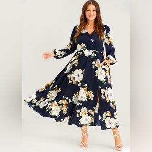 Bloomchic Floral Lantern Sleeve Pocket Surplice Neck Midi Dress Size 12 NWT